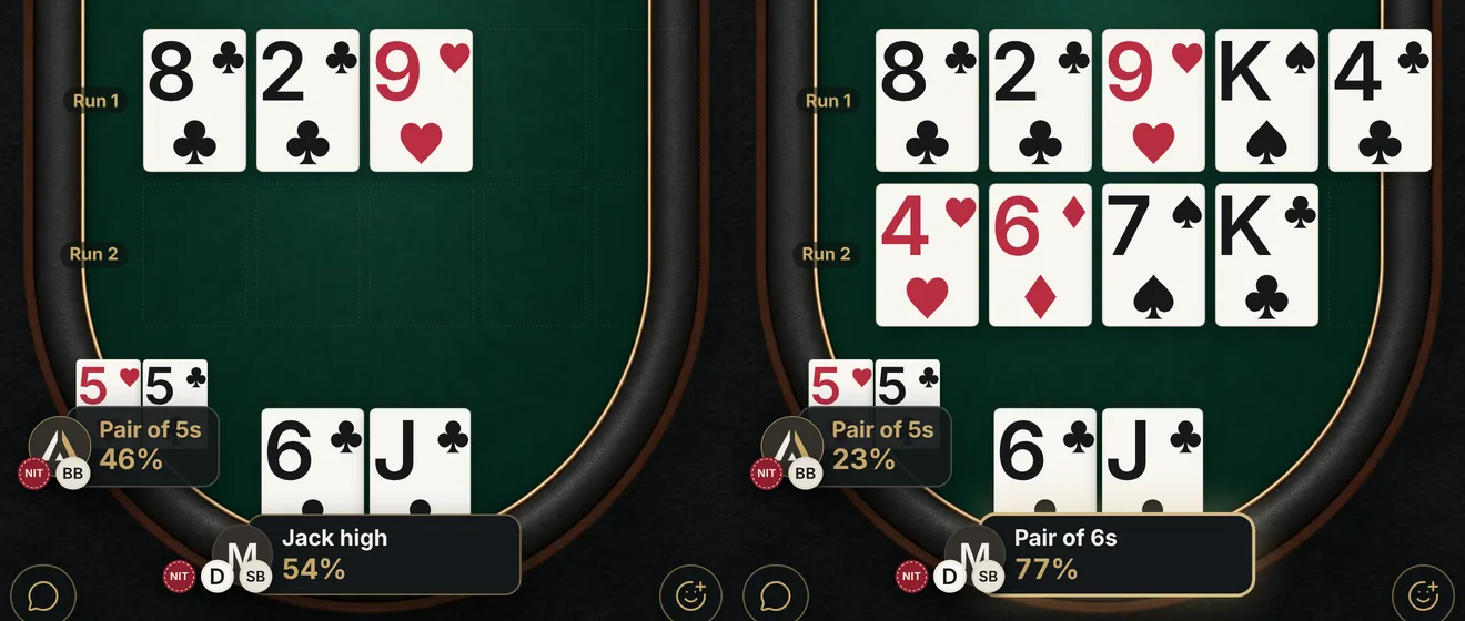 A Poker Rooms table running the board twice, with two rivers dealt